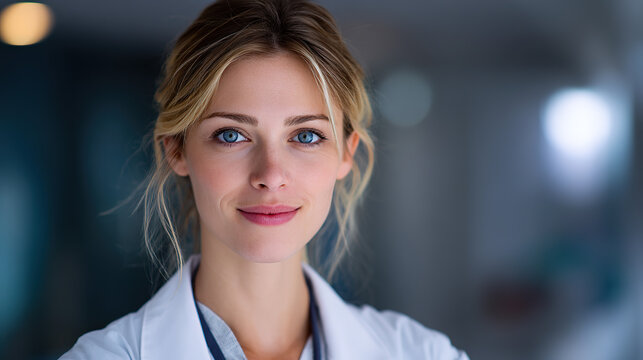 A confident young female doctor smiling in a white coat, embodying professionalism and trust in healthcare.

