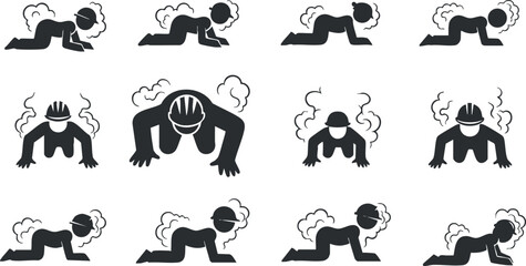 A collection of fitness icons depicting various push-up and crawling exercises in black silhouette vector style, ideal for health and wellness projects