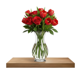 Beautiful red tulips in glass vase on wooden table isolated on transparent background