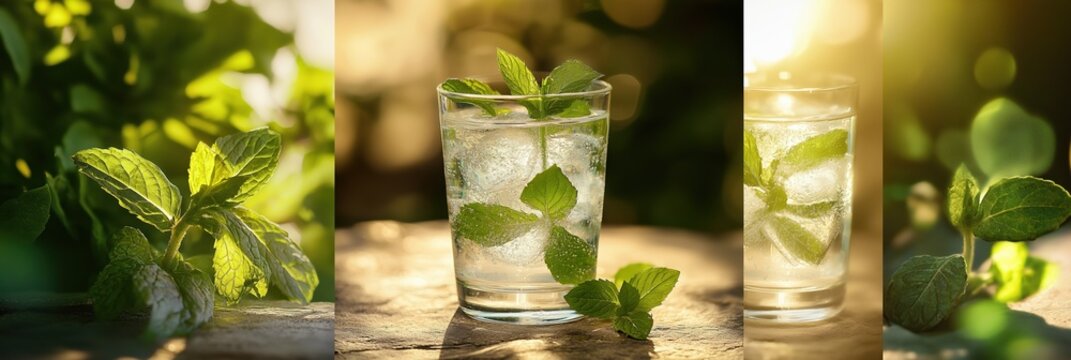 Collage of fresh mint leaves and a refreshing glass of cold water with ice cubes and mint sprigs. Natural summer drink in the garden with warm sunlight
