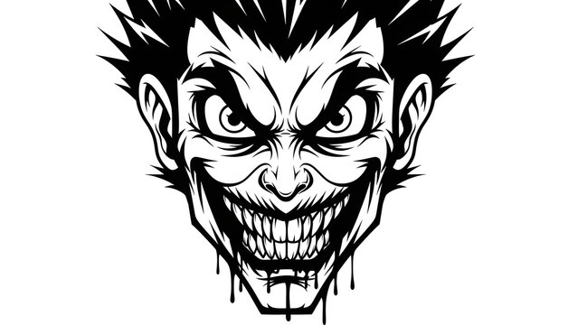 Creepy joker face illustration evil grin with sharp teeth vector design for halloween or horror them