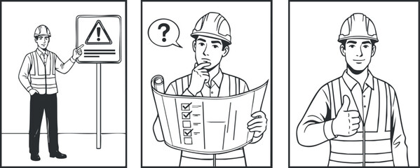 A construction worker interacting with a safety sign, pondering over a checklist, and giving a thumbs up in black and white outline vector style, suitable for safety training materials