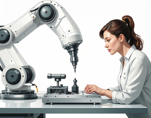 Collaborative robot and woman working together on the same component