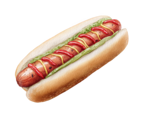 Delicious hot dog with ketchup and mustard realistic watercolor illustration on white background perfect for menu design