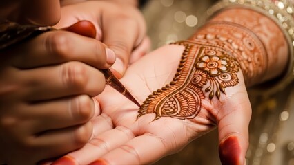 Exquisite henna art being applied for a traditional Indian wedding celebration creating intricate designs and patterns on the bride's hand