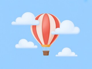 Obraz premium Striped red hot air balloon floats peacefully among fluffy white clouds against the light blue sky