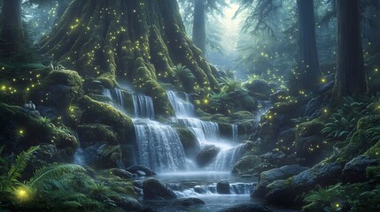 Enchanting waterfall in a lush mossy forest