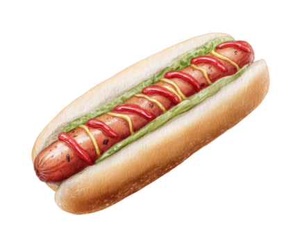 Delicious hot dog with ketchup and mustard realistic watercolor illustration on white background perfect for menu design