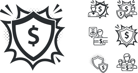 A dollar sign inside a shield with explosion effects and a collection of related finance icons in minimalist vector style, suitable for financial services branding