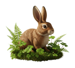 Rabbit in lush greenery nature scene realistic isolated on transparent background