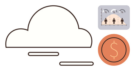 Cloud outline with line patterns, graph with people figures under percentage symbols, and coin with a dollar sign. Ideal for technology, finance, data analysis, cloud solutions, economics