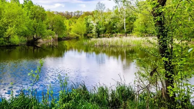 Grass swamp reed growing on shore reservoir in countryside to colored background