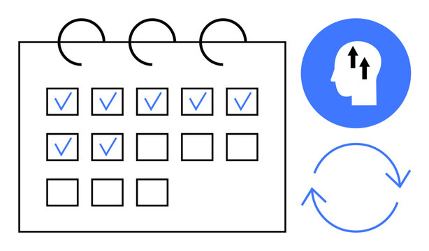 Productivity concept. Productivity symbols showing task calendar, workflow updates, and focus ation. Productivity for efficient planning, organization, time management, business goals, and personal