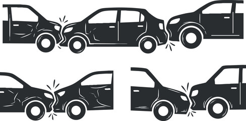 A set of car collision illustrations in black and white vector style, suitable for road safety campaigns and insurance materials