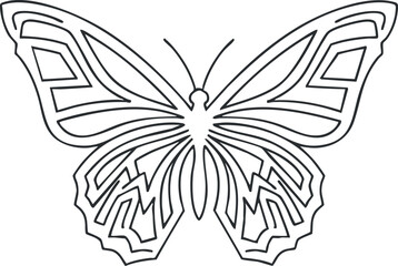Obraz premium A stylized outline illustration of a butterfly with intricate wing patterns in minimalist black vector style, ideal for nature-themed designs