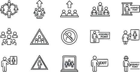 A collection of emergency assembly point and exit icons in minimalist black and white vector style, suitable for safety signage and communication