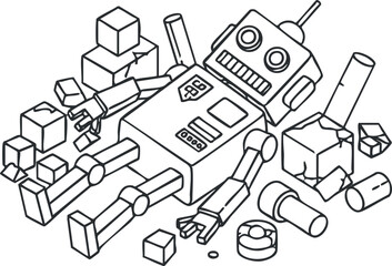 A playful robot character surrounded by various geometric blocks in black and white outline vector style, ideal for children's educational materials