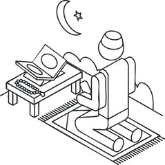 A man praying on a prayer rug with a Quran and rosary on the table in minimalist line art style, perfect for religious and spiritual themes