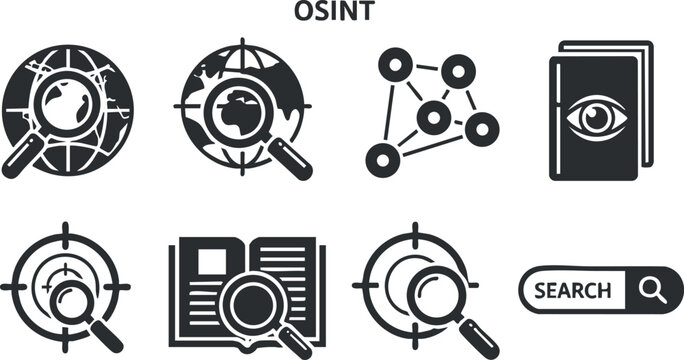 A set of OSINT (Open Source Intelligence) icons including magnifying glasses, a globe, and a book in flat black and white vector style, perfect for digital research and analysis projects