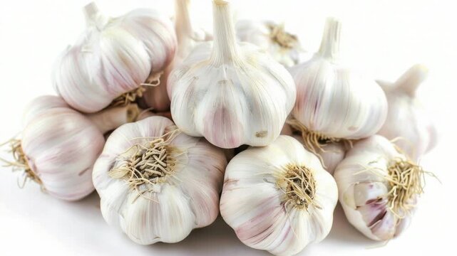 Video A pile of garlic bulbs stacked on top of each other, useful for food styling or as a prop in kitchen settings