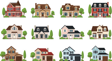 Mega Set of Diverse Traditional and Modern Suburban House Icons Vector Illustration