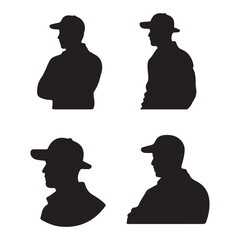 Four distinct black silhouettes of men wearing caps some with arms crossed representing diverse postures silhouette