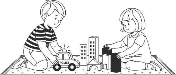A playful scene with two children building with blocks and playing with a police car in a black and white vector style, perfect for educational materials