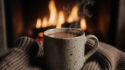 Fototapeta premium Steaming hot chocolate beverage fills speckled ceramic mug, nestled in soft knitted blanket. warm fireplace glow illuminates cozy scene, providing comforting ambiance for relaxing winter evening