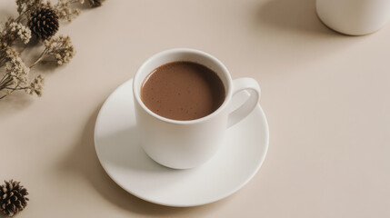 Obraz premium Hot chocolate drink in white ceramic mug resting on matching saucer. Cozy beverage offers comfort and warmth, surrounded by rustic natural elements against serene neutral background