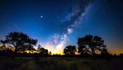 Milky Ways Glow - A Night Sky Landscape with Silhouetted Trees.