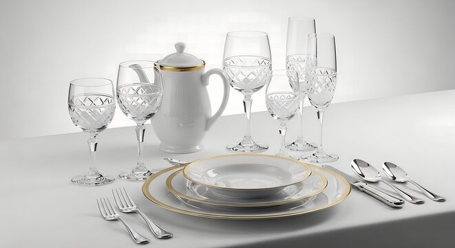 Elegant Table Setting with Crystal Stemware and Fine China for a Special Occasion. - Powered by Adobe