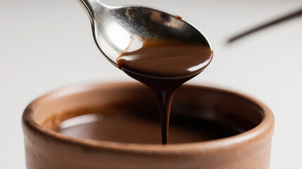 Metal spoon generously pours rich, melted chocolate sauce, creating tempting drizzle into rustic brown cup. decadent liquid offers delightful and indulgent experience, promising pure culinary
