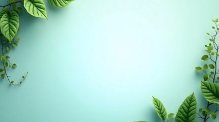 Elegant green leaves frame a serene aqua background for fresh spring designs