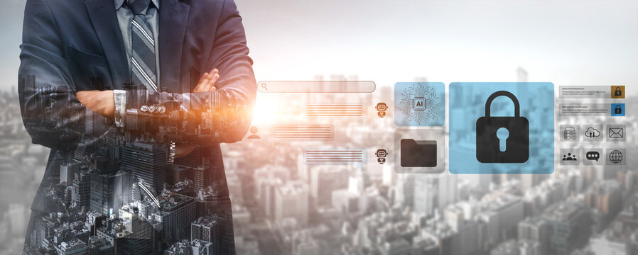 A professional businessman stands confidently with a digital interface illustrating security concepts, representing the importance of cybersecurity in urban business environments. Gantry