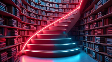 Stunning modern library with vibrant neon staircase for education, knowledge, and creative inspiration