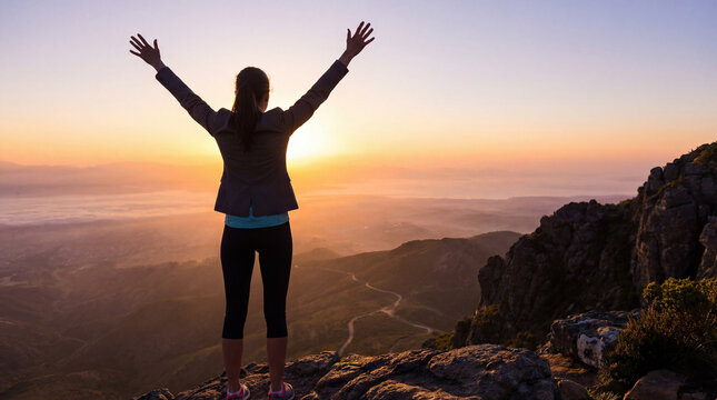 Confident businesswoman celebrating success on mountain peak with arms raised at sunrise