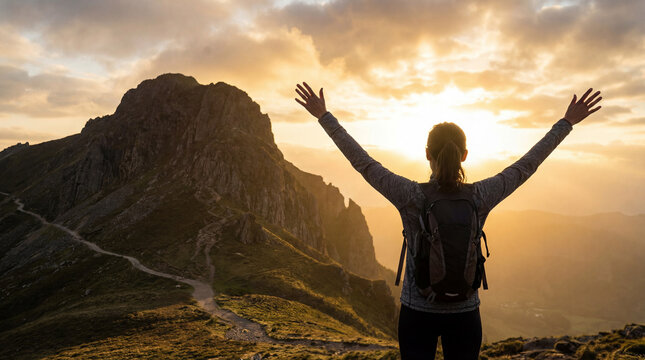 Confident businesswoman celebrating success on mountain peak with arms raised at sunrise
