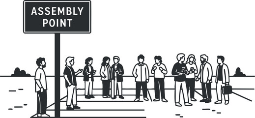 A group of diverse people gathered at an assembly point under a sign in minimalist black and white vector style, suitable for safety and event planning materials
