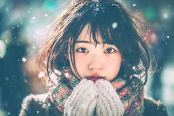 マフラーをした雪の中で佇む黒髪の若い女性