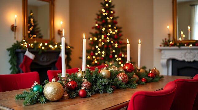 A Candlelit Christmas Evening: A Festive Table Adorned with Red Elegance, Golden Accents, and the Warm Glow of Holiday Harmony