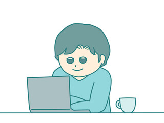 パソコンを見ているニコニコ顔の男性イラスト　寒色