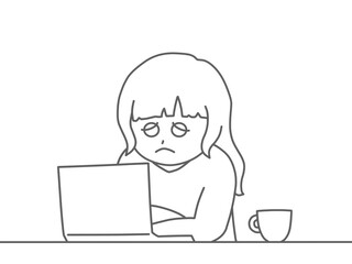 パソコンを見ている困った顔の女性イラスト　線画