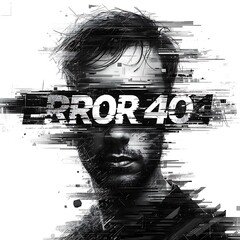 Distorted glitched portrait of a man with error 401 text overlay representing digital failure and identity crisis