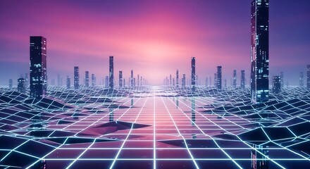 Retro-futuristic cyberpunk cityscape with neon grid landscape and virtual reality towers extending into a vibrant pink and purple synthwave sky at sunset