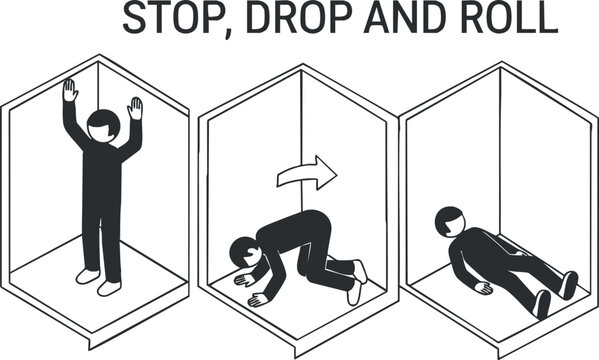A set of illustrations demonstrating the stop, drop, and roll fire safety technique in black and white minimalist vector style, suitable for educational materials