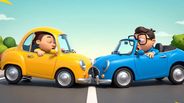 Two Cartoon Men Happily Driving Vintage-Style Cars on an Open Road