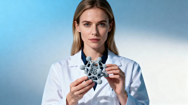 Woman scientist holding a molecular model in a laboratory setting - Powered by Adobe