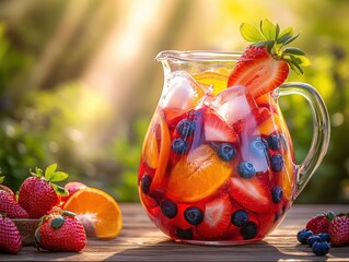 Vibrant berry sangria in a large glass pitcher, filled with fresh strawberries, oranges, and blueberries, with ice cubes catching the sunlight