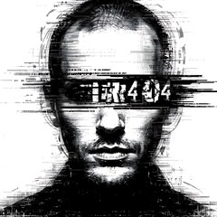 Distorted glitched portrait of a man with error 404 text across his eyes in black and white