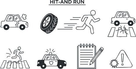 Fototapeta premium A set of hit-and-run icons featuring cars, tires, pedestrians, and safety symbols in black and white outline vector style, suitable for legal and safety-related projects